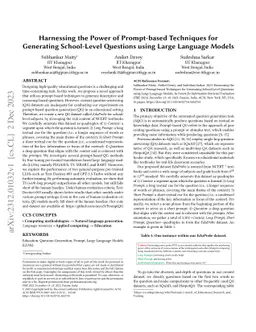 Harnessing the Power of Prompt-based Techniques for Generating
  School-Level Questions using Large Language Models