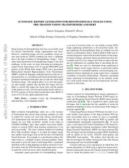Automatic Report Generation for Histopathology images using pre-trained
  Vision Transformers and BERT