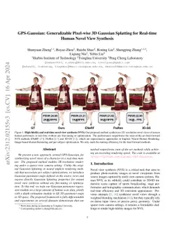 GPS-Gaussian: Generalizable Pixel-wise 3D Gaussian Splatting for
  Real-time Human Novel View Synthesis