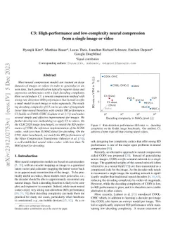 C3: High-performance and low-complexity neural compression from a single
  image or video