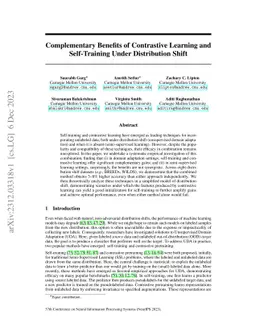Complementary Benefits of Contrastive Learning and Self-Training Under
  Distribution Shift