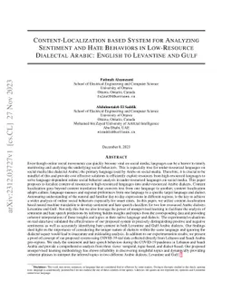 Content-Localization based System for Analyzing Sentiment and Hate
  Behaviors in Low-Resource Dialectal Arabic: English to Levantine and Gulf