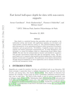 Fast kernel half-space depth for data with non-convex supports