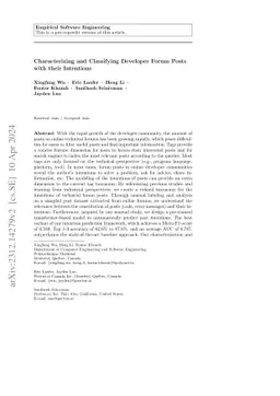 Characterizing and Classifying Developer Forum Posts with their
  Intentions