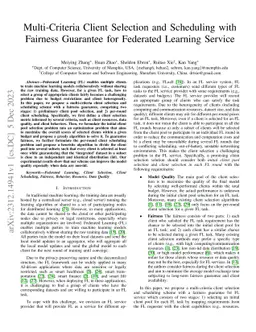 Multi-Criteria Client Selection and Scheduling with Fairness Guarantee
  for Federated Learning Service