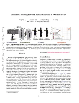 Human101: Training 100+FPS Human Gaussians in 100s from 1 View