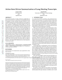 Action-Item-Driven Summarization of Long Meeting Transcripts