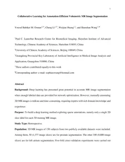 Collaborative Learning for Annotation-Efficient Volumetric MR Image
  Segmentation