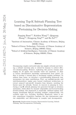 Learning Top-k Subtask Planning Tree based on Discriminative
  Representation Pre-training for Decision Making