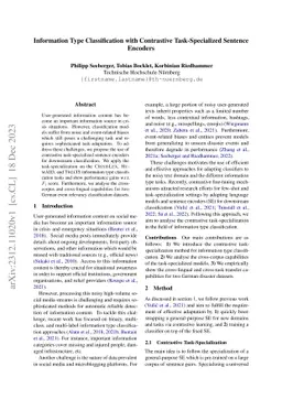 Information Type Classification with Contrastive Task-Specialized
  Sentence Encoders