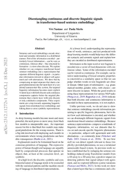 Disentangling continuous and discrete linguistic signals in
  transformer-based sentence embeddings