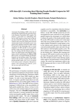 APE-then-QE: Correcting then Filtering Pseudo Parallel Corpora for MT
  Training Data Creation