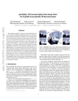 pixelSplat: 3D Gaussian Splats from Image Pairs for Scalable
  Generalizable 3D Reconstruction