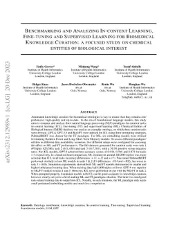 Benchmarking and Analyzing In-context Learning, Fine-tuning and
  Supervised Learning for Biomedical Knowledge Curation: a focused study on
  chemical entities of biological interest