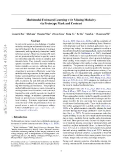 Multimodal Federated Learning with Missing Modality via Prototype Mask
  and Contrast