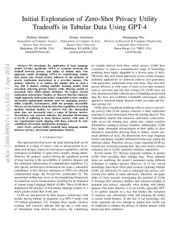 Initial Exploration of Zero-Shot Privacy Utility Tradeoffs in Tabular
  Data Using GPT-4