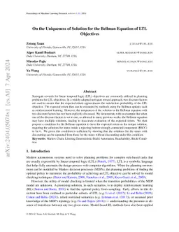 On the Uniqueness of Solution for the Bellman Equation of LTL Objectives