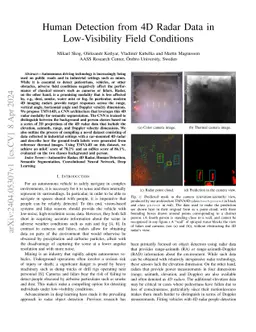 Human Detection from 4D Radar Data in Low-Visibility Field Conditions