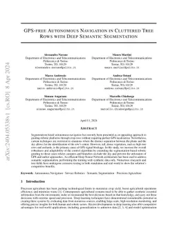 GPS-free Autonomous Navigation in Cluttered Tree Rows with Deep Semantic
  Segmentation
