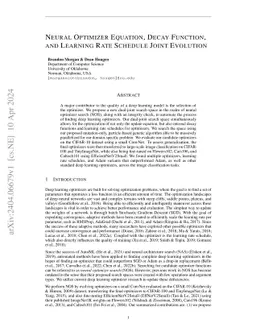 Neural Optimizer Equation, Decay Function, and Learning Rate Schedule
  Joint Evolution
