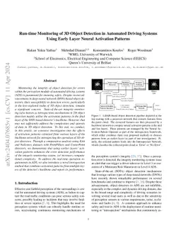 Run-time Monitoring of 3D Object Detection in Automated Driving Systems
  Using Early Layer Neural Activation Patterns