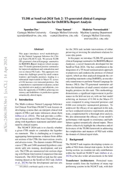 TLDR at SemEval-2024 Task 2: T5-generated clinical-Language summaries
  for DeBERTa Report Analysis