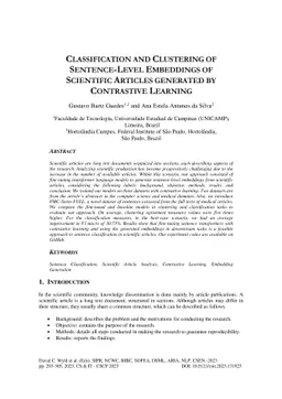 Classification and Clustering of Sentence-Level Embeddings of Scientific
  Articles Generated by Contrastive Learning