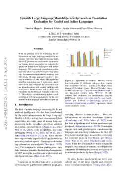 Towards Large Language Model driven Reference-less Translation
  Evaluation for English and Indian Languages
