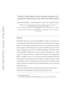 On-line conformalized neural networks ensembles for probabilistic
  forecasting of day-ahead electricity prices