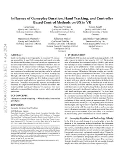 Influence of Gameplay Duration, Hand Tracking, and Controller Based
  Control Methods on UX in VR