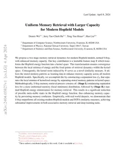 Uniform Memory Retrieval with Larger Capacity for Modern Hopfield Models