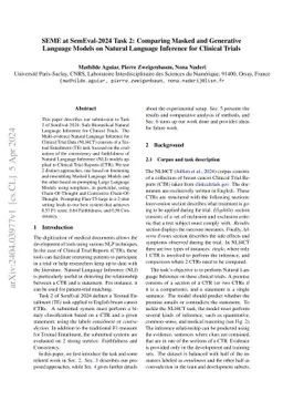 SEME at SemEval-2024 Task 2: Comparing Masked and Generative Language
  Models on Natural Language Inference for Clinical Trials