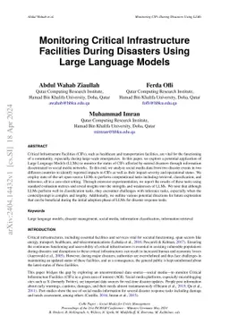 Monitoring Critical Infrastructure Facilities During Disasters Using
  Large Language Models
