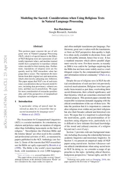 Modeling the Sacred: Considerations when Using Religious Texts in Natural Language Processing