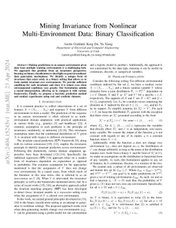 Mining Invariance from Nonlinear Multi-Environment Data: Binary
  Classification