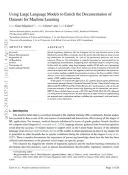 Using Large Language Models to Enrich the Documentation of Datasets for
  Machine Learning