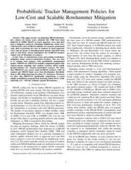 Probabilistic Tracker Management Policies for Low-Cost and Scalable
  Rowhammer Mitigation