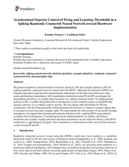 Synchronized Stepwise Control of Firing and Learning Thresholds in a
  Spiking Randomly Connected Neural Network toward Hardware Implementation