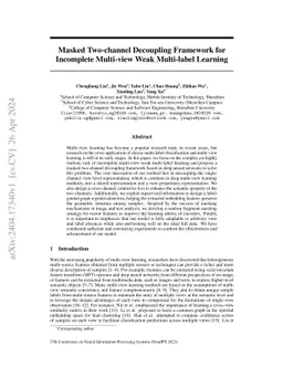 Masked Two-channel Decoupling Framework for Incomplete Multi-view Weak
  Multi-label Learning