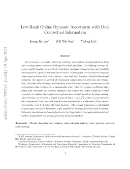 Low-Rank Online Dynamic Assortment with Dual Contextual Information