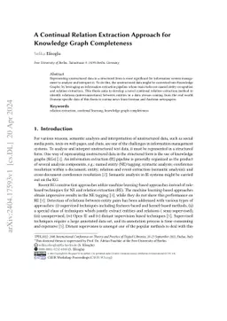 A Continual Relation Extraction Approach for Knowledge Graph
  Completeness
