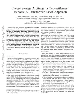 Energy Storage Arbitrage in Two-settlement Markets: A Transformer-Based
  Approach