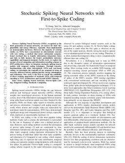 Stochastic Spiking Neural Networks with First-to-Spike Coding