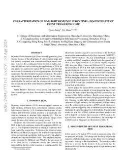 Characterization of dim light response in DVS pixel: Discontinuity of
  event triggering time