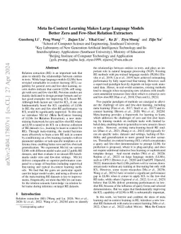 Meta In-Context Learning Makes Large Language Models Better Zero and
  Few-Shot Relation Extractors