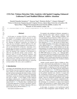 CUE-Net: Violence Detection Video Analytics with Spatial Cropping,
  Enhanced UniformerV2 and Modified Efficient Additive Attention