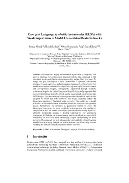 Emergent Language Symbolic Autoencoder (ELSA) with Weak Supervision to
  Model Hierarchical Brain Networks