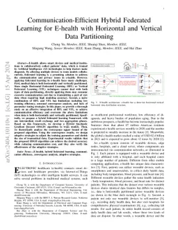 Communication-Efficient Hybrid Federated Learning for E-health with
  Horizontal and Vertical Data Partitioning