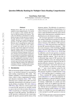 Question Difficulty Ranking for Multiple-Choice Reading Comprehension