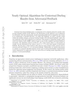 Nearly Optimal Algorithms for Contextual Dueling Bandits from Adversarial Feedback